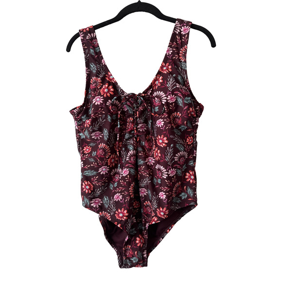Hot Water Women’s 1X Boho Floral Lace Up One Piece Built In Bra Swimsuit Beach - Picture 1 of 9